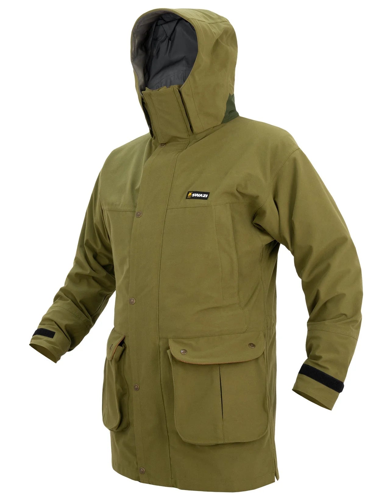 Swazi Wapiti XP Men's Hunting Jacket, featuring a hood, hand warmer pockets, and a 2-way YKK zip, ideal for rugged outdoor conditions.