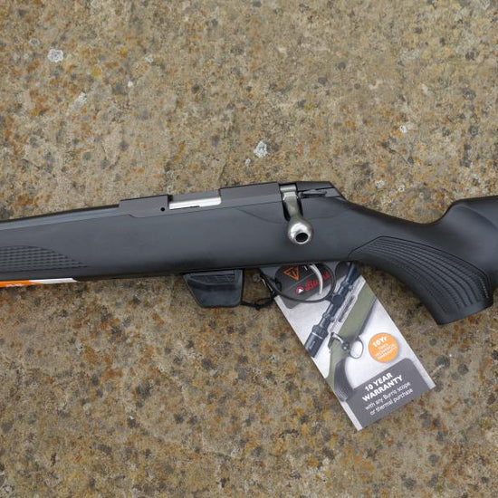 Tikka T1X MTR rifle with a 20 MTR barrel and 10-round magazine, featuring a left-hand action and screw cut for a sound moderator.