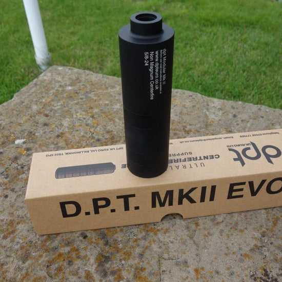 DPT over barrel with 15x1mm thread, features modular baffle design, visible on cardboard box, ideal for easy maintenance and lightweight at 290g.