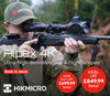 HIKMICRO Alpex HD LRF 4K 3.5-28 Night Vision scope with a man demonstrating aiming, highlighting its advanced rangefinder and night vision capabilities.