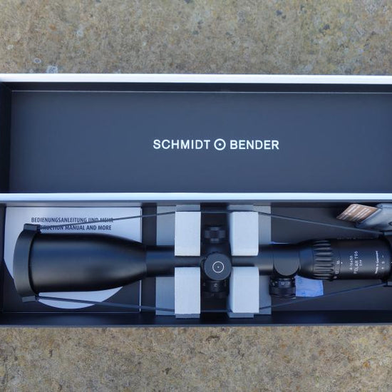Schmidt & Bender Polar T96 4-16x56 Rifle Scope in box, featuring advanced low-light capabilities and precision adjustments for enhanced shooting accuracy.