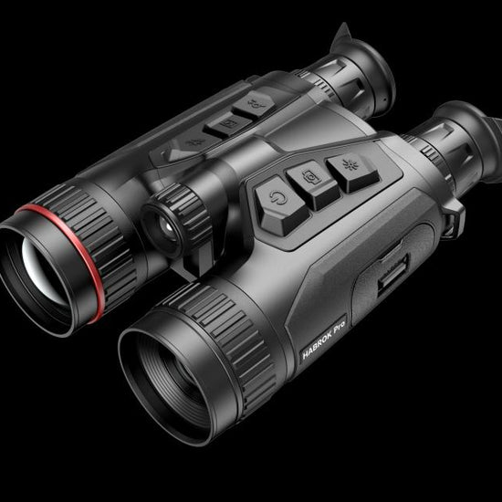 HIKMICRO Habrok Pro HQ50L Thermal binoculars with buttons, designed for precise optical performance in thermal imaging, showcased against a neutral backdrop.