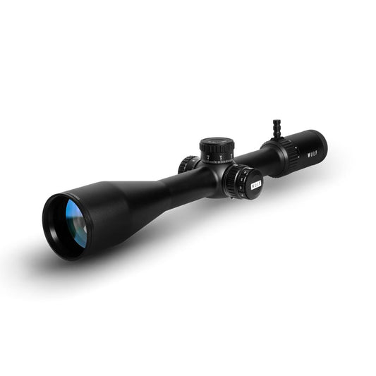 Wulf Tornado 6-24x50 Rifle Scope with first focal plane reticule, side wheel parallax, and locking turrets, designed for precision and value.