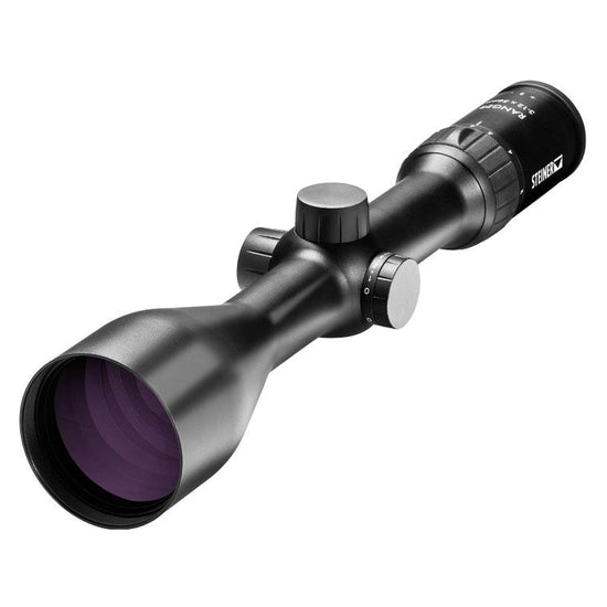 Steiner Ranger 4 3-12x56 Rifle Scope featuring a black finish, purple lens, and illuminated reticule, offering superb optical clarity and generous eye relief.