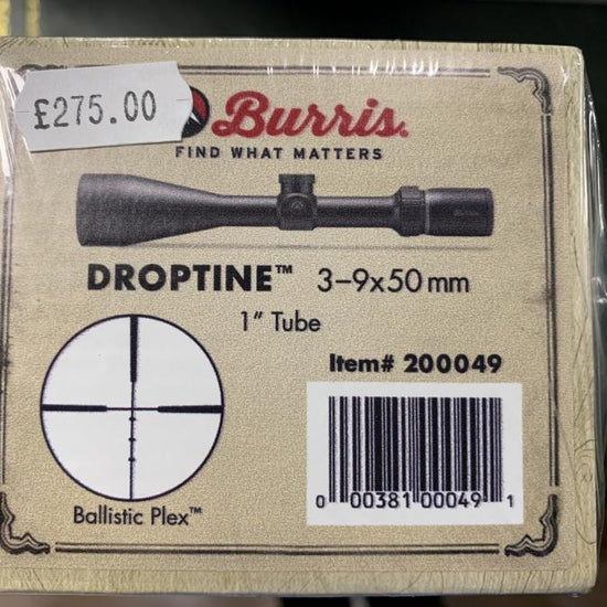 Burris Droptine 3-9x50 Rifle Scope packaging with crosshair close-up, featuring a compact design and precision optics for enhanced targeting accuracy.