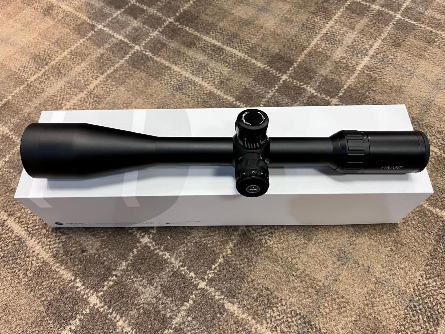Hawke Vantage 30 WA SF IR 6-24x50 Rifle Scope featuring a black design, side parallax, and illuminated reticle on a white box.