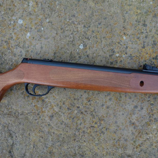 Hatsan Striker 1000S lies on the ground, showcasing its beech stock and Hi-viz open sights, ideal for mounting scopes and shooting sports.