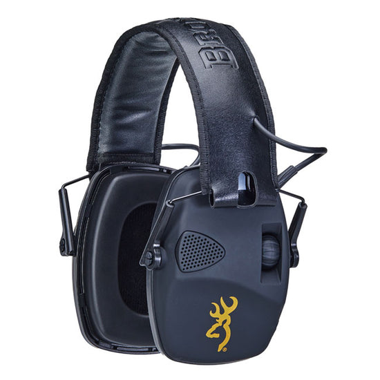Browning Fox Ear Defenders, black with yellow logo, designed to protect hearing while allowing awareness of surroundings, ideal for environments with loud noises.
