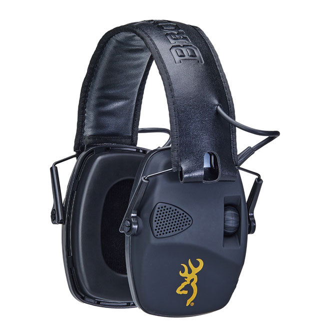 Browning Fox Ear Defenders, black with yellow logo, designed to protect hearing while allowing awareness of surroundings, ideal for environments with loud noises.