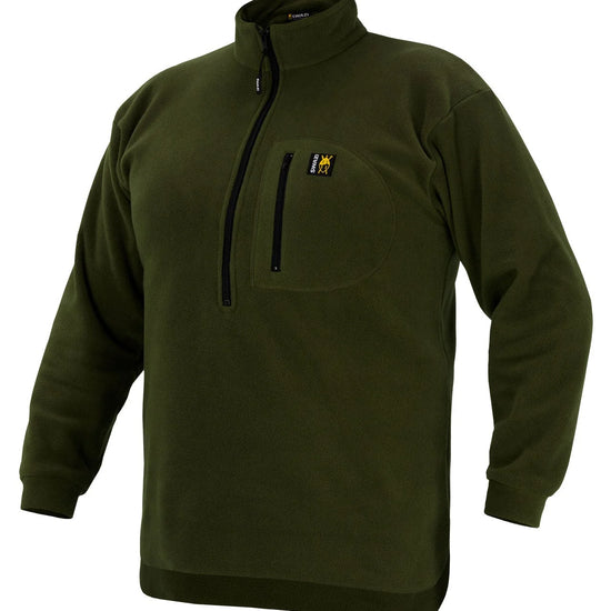 Swazi Bush Shirt, a green fleece jumper with a zipper, snug cuffs, high collar, and clean lines, made from durable 280gsm polar fleece.