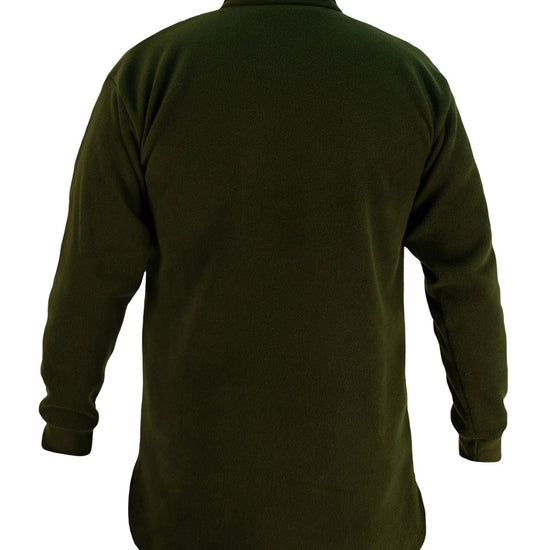 Swazi Bush Shirt, back view, highlighting olive fleece, snug cuffs, high collar, and long zip for easy wearing and cooling during activities.