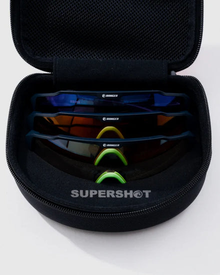 Ranger SuperShot - Black Frame & 3 Lens Magnetic Kit displayed in a case, featuring versatile lenses for shooting, including custom cleaning cloth and protective case.