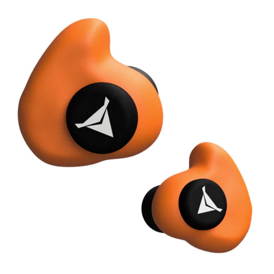 Decibullz Custom Moulded Earplugs, shown as orange earbuds, designed for a perfect fit and superior noise isolation, ensuring comfort and stability.