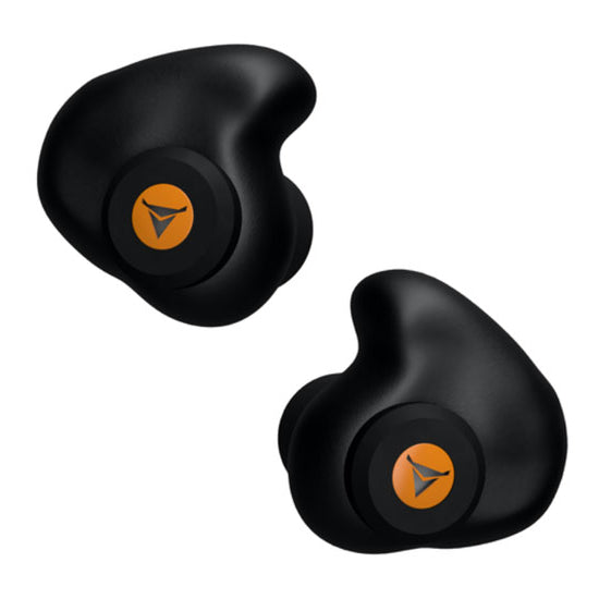 Decibullz Custom Moulded Percussive Ear Plugs, sleek design, ideal for noise blocking while maintaining ambient awareness, shown up close with visible brand logo.