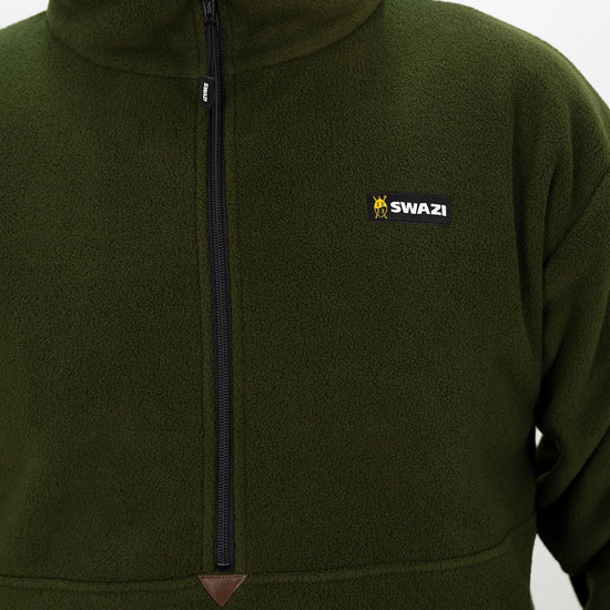 Swazi Doughroaster | Comfortable Fleece Jumper | Olive, featuring a long chest zipper, high collar, and zippered kangaroo pocket, worn by a person.