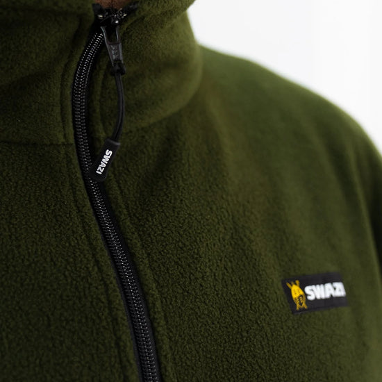 Swazi Doughroaster | Comfortable Fleece Jumper | Olive - Close-up of high-collar green fleece with long chest zipper and kangaroo pocket for versatile use.