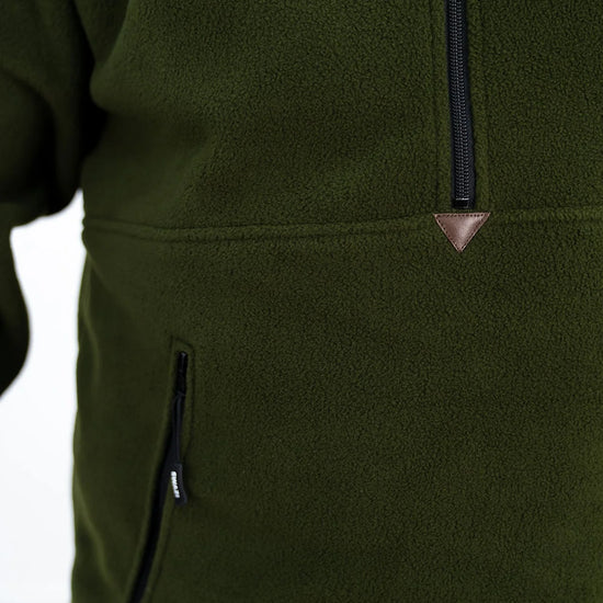 Swazi Doughroaster | Comfortable Fleece Jumper | Olive features a close-up of its long chest zipper and high collar, showcasing its functional design.