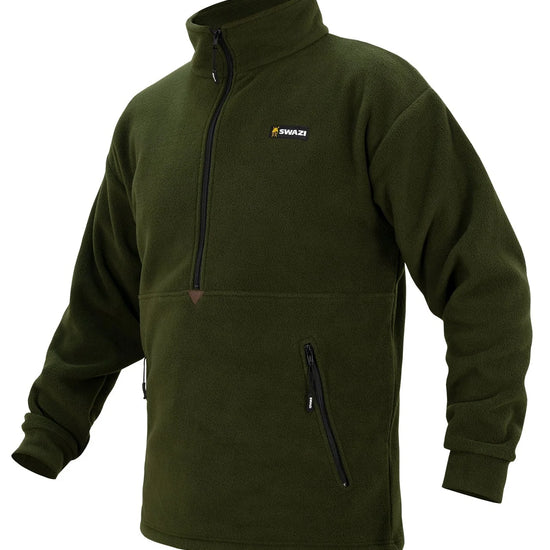 Swazi Doughroaster Fleece Jumper in olive, featuring a long chest zip, high collar, and large zippered kangaroo pocket for functionality and comfort.