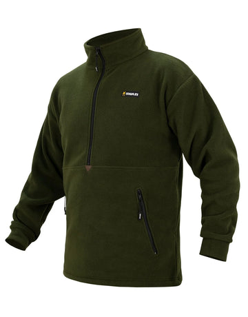 Swazi Doughroaster Fleece Jumper in olive, featuring a long chest zip, high collar, and large zippered kangaroo pocket for functionality and comfort.