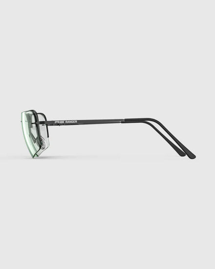 Ranger Edge Frame | Matte Black sunglasses featuring clear lenses, adjustable nose bridge, and angular design to prevent fogging, ideal for precision in shooting sports.