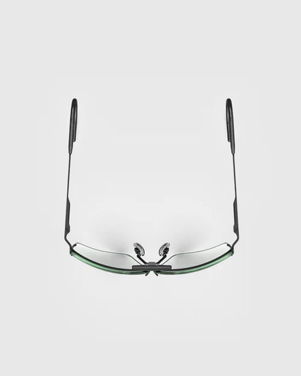 Ranger Edge Frame | Matte Black sunglasses with sleek black design, green angular lenses, adjustable nose bridge, and arms for a custom fit.