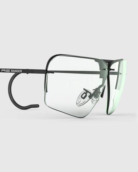Ranger Edge Frame | Matte Black: Sleek safety glasses with clear lenses, adjustable nose bridge, angular design to prevent fogging, includes cleaning cloth and nylon carrying case.