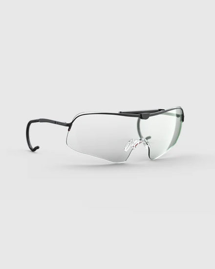 Ranger Falcon Pro Frame | Black safety glasses with sporty lens shape, soft silicone nose pads, and a durable CombatCoat™ finish, shown up close.