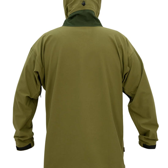 Swazi Kagoule Anorak | Quiet Waterproof Hunting Jacket with hood, multiple pockets, adjustable cuffs, and waterproof zips, worn by a person showcasing its functionality.