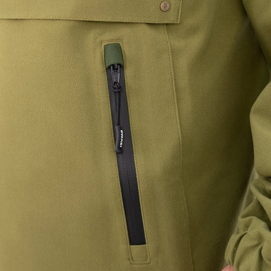 Swazi Kagoule Anorak | Quiet Waterproof Hunting Jacket showcasing water-resistant zippers, top opening pocket, and adjustable features, ideal for hunters needing accessible, dry storage.
