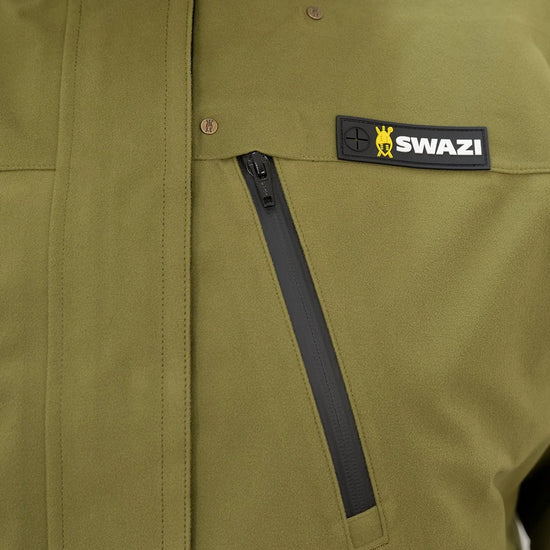 Swazi Kagoule Anorak, a close-up of the waterproof hunting jacket, featuring water-resistant YKK zips, hood, and pockets, emphasizing its functional design.