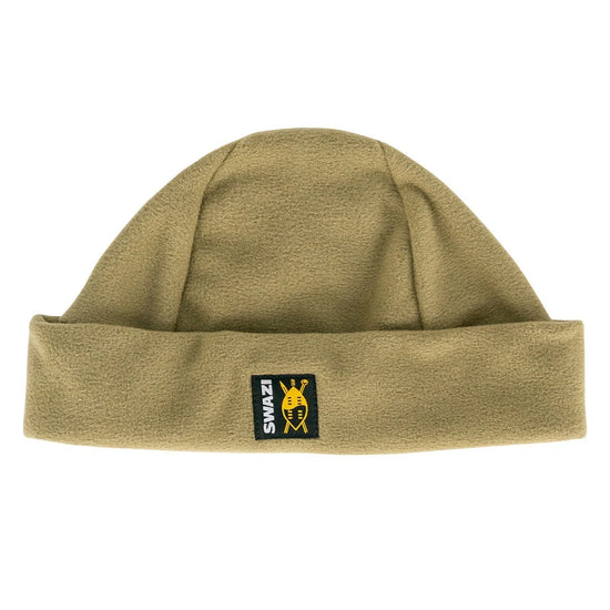 Swazi Hasbeanie | Classic Warm Fleece Beanie featuring a brown design with a black and yellow bee patch logo, perfect for cold weather warmth.