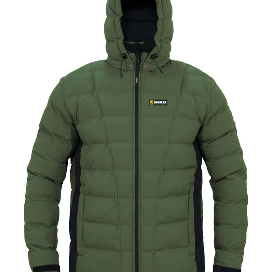 Swazi Puffadder Men's Puffer Jacket with detachable hood, black zipper, and adjustable hem. Features hand-warmer pockets with storm flaps and Velcro cuff tape.