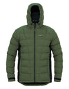 Swazi Puffadder Men's Puffer Jacket with detachable hood, black zipper, and adjustable hem. Features hand-warmer pockets with storm flaps and Velcro cuff tape.