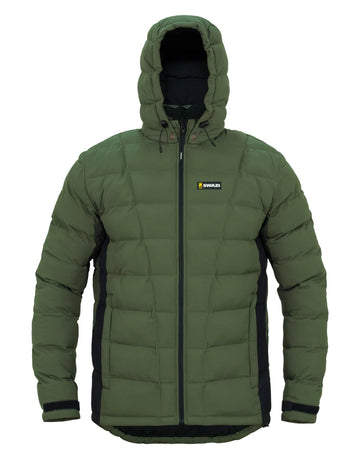 Swazi Puffadder Men's Puffer Jacket with detachable hood, black zipper, and adjustable hem. Features hand-warmer pockets with storm flaps and Velcro cuff tape.