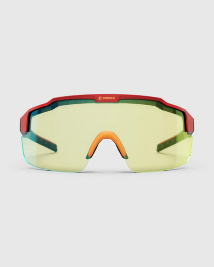 Ranger SuperShot - Crimson Frame & 3 Lens Magnetic Kit, featuring red and yellow safety glasses designed for clay shooting with versatile, interchangeable lenses.