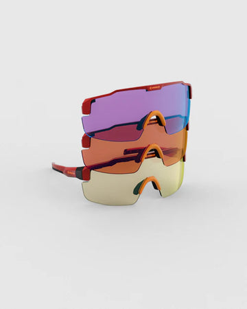 Ranger SuperShot - Crimson Frame & 3 Lens Magnetic Kit featuring versatile lenses for optimal clarity: HD Medium Gold, Dark Purple Frost, Max Light Flash.