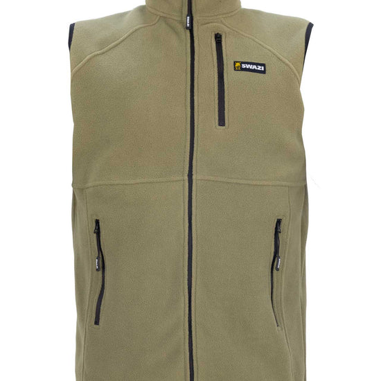 Swazi Sherpa Vest, a green fleece gilet with YKK® zippered pockets and a versatile collar, designed for warmth and practicality.