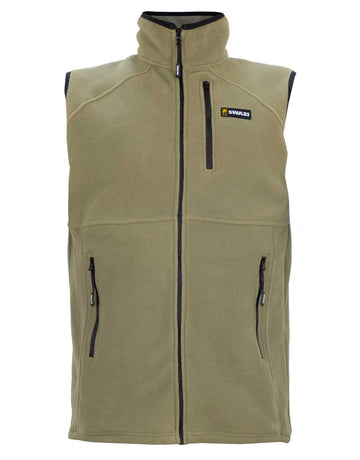 Swazi Sherpa Vest, a green fleece gilet with YKK® zippered pockets and a versatile collar, designed for warmth and practicality.