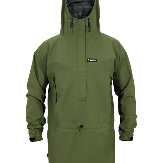 Swazi Tahr Ultralite Jacket, a lightweight, waterproof hunting jacket with a hood, zippers, and adjustable features for enhanced protection and comfort.