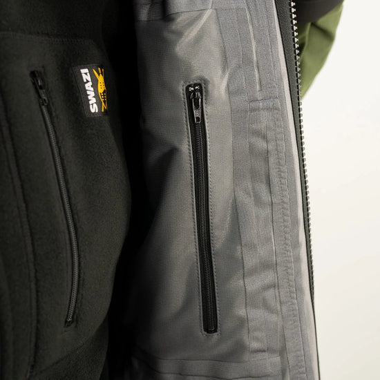 Close-up of the Swazi Wapiti XP Men's Hunting Jacket, highlighting the durable two-way YKK zipper and soft, waterproof AEGIS® Whisper fabric.