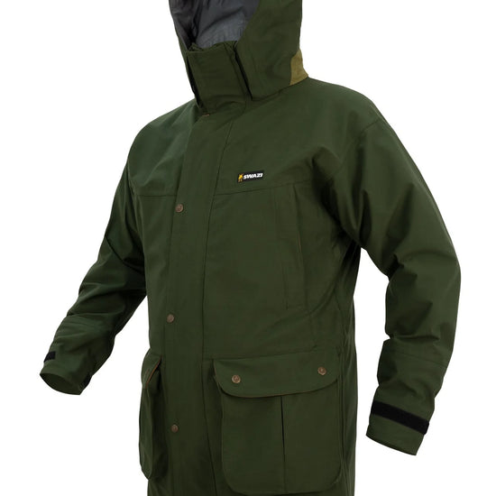 Swazi Wapiti XP Men's Hunting Jacket, featuring a zip-off hood, water-resistant zippers, and multiple pockets, designed for waterproof and breathable outdoor performance.